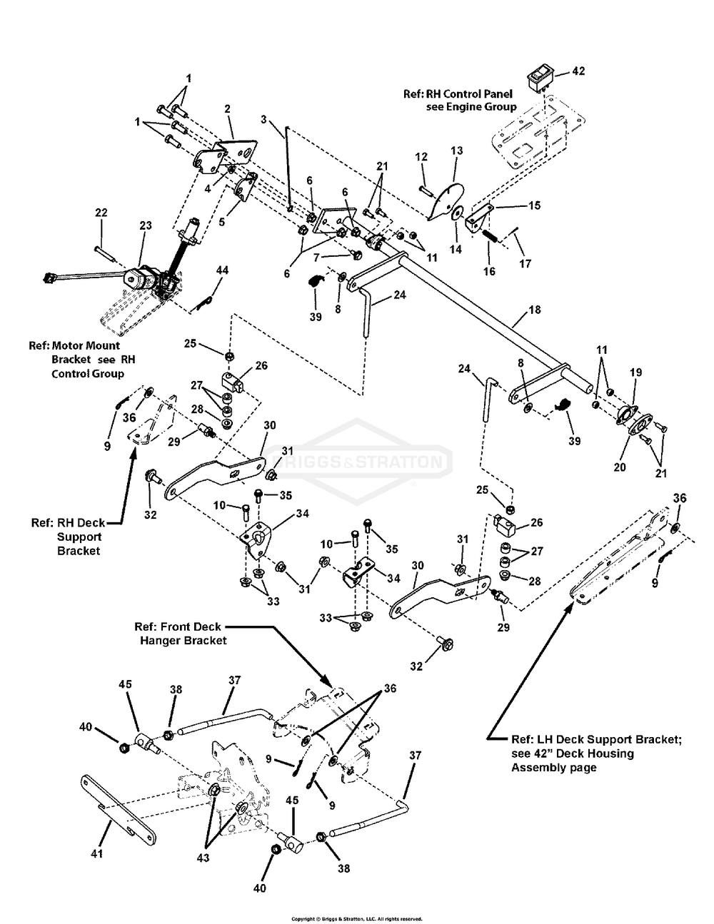 42" Deck Lift Group - Electric Height Of Cut (7502256) Diagram and Parts List for 107280063-7800753A,ZTS7000 2011 Briggs and Stratton Lawn Tractor Accessories